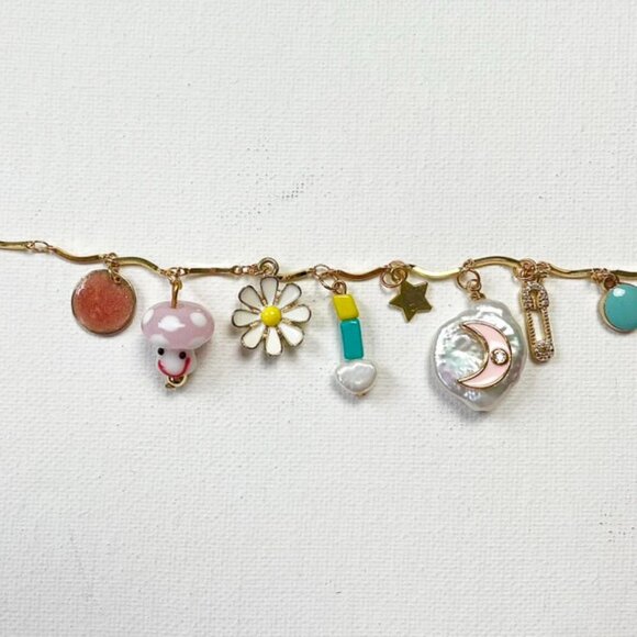 new! charm necklace beaded stars moon rainbow mushrooms freshwater pearl spring - Picture 3 of 5